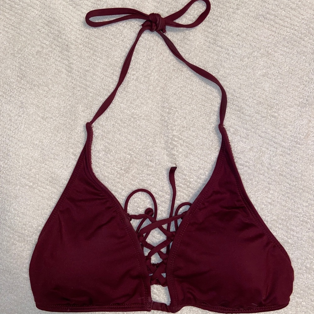 burgundy cross cross halter bikini top